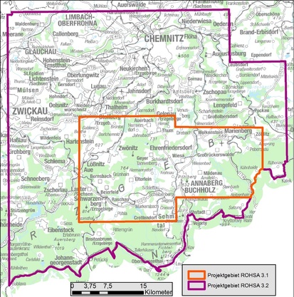 Lage der Projektgebiete ROHSA 3.1 und ROHSA 3.2 in Sachsen